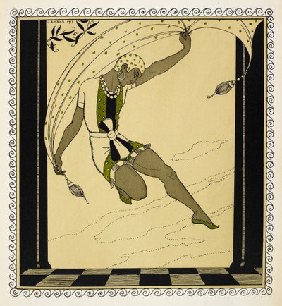 「クレオパトル」。 アントン アレンスキーの 1909 年の作品のダンサーで、白、緑、黒の短い衣装を腰で結び、緑の靴と白い模様の帽子をかぶっています。 作： Georges Barbier