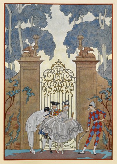 コロンバイン。 門の外に立つ人々。 ピエロ。 作： Georges Barbier