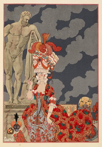コルテージュ。 なんと凝った赤いドレスをまとった魅力的な女性。 小猿と男の子。 作： Georges Barbier