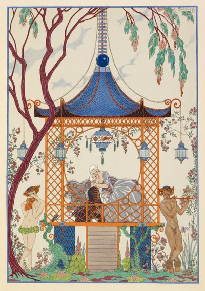シテール。 パビリオンで抱き合う男女。 外でパイプを演奏する神話上の生き物。 作： Georges Barbier