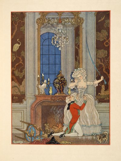 セシルへの愛を宣言するダンセニー、ピエール・チョデルロス・ド・ラクロス（1741-1803）パブによる「危険な関係」のイラスト. 1934年（ステンシルプリント） 作： Georges Barbier