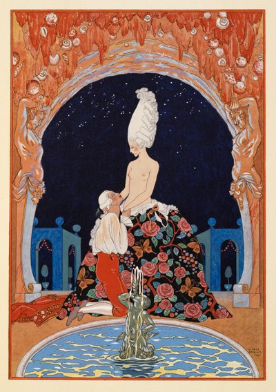 ダンス・ラ・グロッテ。 噴水のそばで、半裸の女性の前にひざまずく男性。 作： Georges Barbier