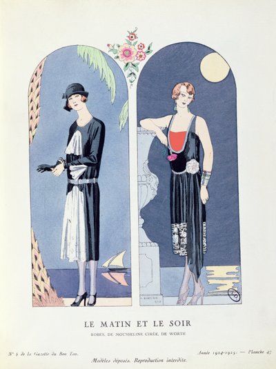 昼と夜、昼と夜のドレスを描いた「La Gazette du Bon Ton」のプレート 47 作： Georges Barbier