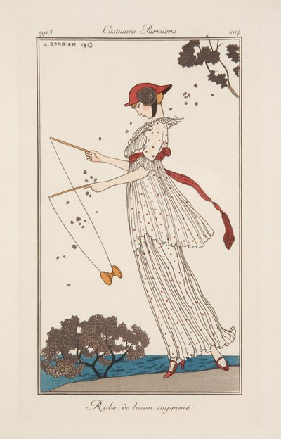 「Journal des Dames et des Modes」のイラストをプリントしたリネンのドレス 作： Georges Barbier