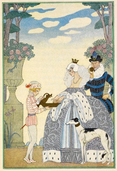 エリザベス朝のイギリス。 淑女と紳士、そして使用人。 グレイハウンド。 作： Georges Barbier