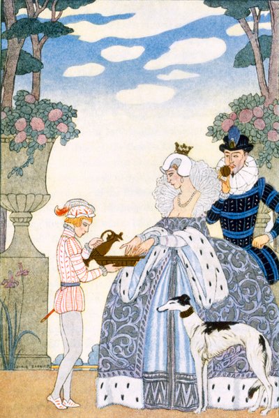 「The Art of Perfume」のパブ、エリザベス朝のイギリス。 1912年（ポチョワールプリント） 作： Georges Barbier