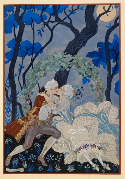 En Sourdine。 月明かりの下でキスをする男女。 作： Georges Barbier