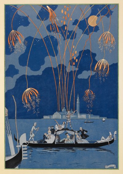 アンバトー。 ベネチアの花火。 ゴンドラに乗る人。 作： Georges Barbier