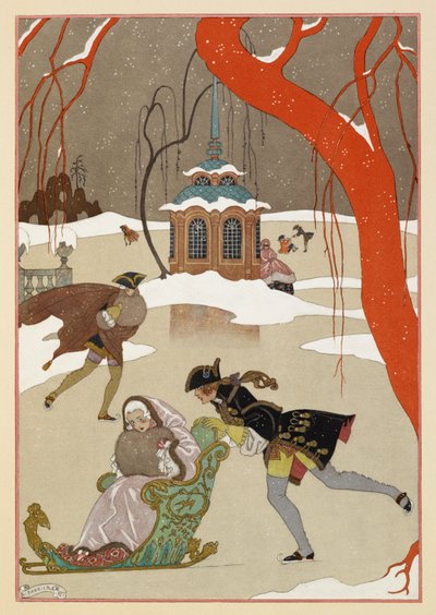 「パティナン」。 人々 のアイス スケート。 そりに乗った女性。 作： Georges Barbier