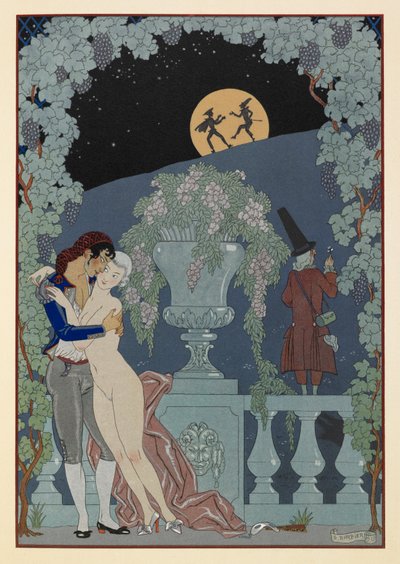 ファントーシュ。 (マリオネット) ドビュッシーの Fêtes Galantes、Scaramouche、Pulcinelle から。 裸の女性を抱きしめる男性。 月に対してシルエットで 2 つの figues。 作： Georges Barbier