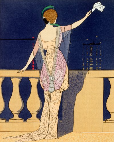 「Farewell at Night」、ジャンヌ・パカンによるイブニング ドレスのデザイン、20 世紀初頭 作： Georges Barbier