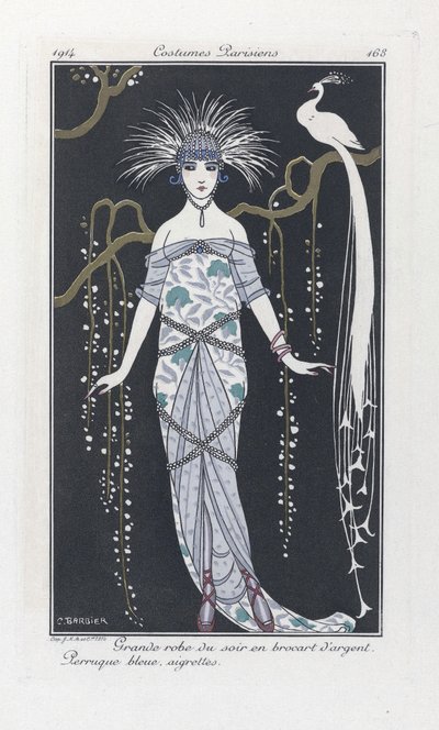シルバーブロケードの大きなイブニングドレス。 青いかつら、エグレット、コスチューム パリジャン、pub.1914 (ステンシル プリント) から 作： Georges Barbier