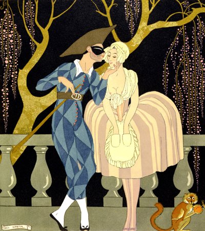ハーレクインのキス (紙に水彩) 作： Georges Barbier