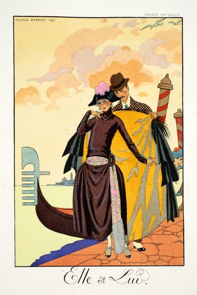彼女と彼、「ファルバラスとファンフルーシェ、現在、過去、未来のモードの年鑑」より 作： Georges Barbier