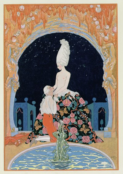 洞窟の中、ポール・ヴェルレーヌ作「Fetes Galantes」のイラスト（1844-96）、1928年（ポチョワールプリント） 作： Georges Barbier