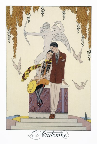 秋、George Barbier (1882-1932) によるリトグラフ、Falbalas et Fanfreluches、Almanach des Modes Presentes、Passees et Futures から 作： Georges Barbier