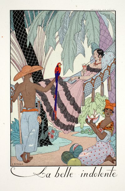 La Belle Indolente、「ファルバラとファンフルーシェ、現在、過去、未来のモードの年鑑」より 作： Georges Barbier