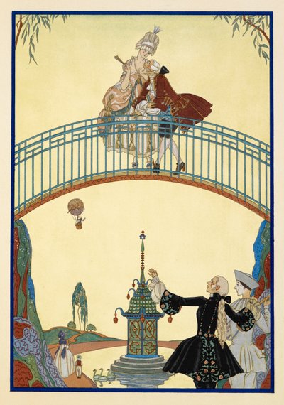 ラ・プロムナード。 橋の上の男女。 下はピエロ。 作： Georges Barbier