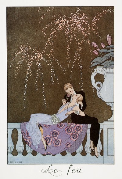 火、ジョージ・バルビエ（1882-1932）によるリトグラフ、Falbalas et Fanfreluches、Almanach des Modes Presentes、Passees et Futuresから 作： Georges Barbier