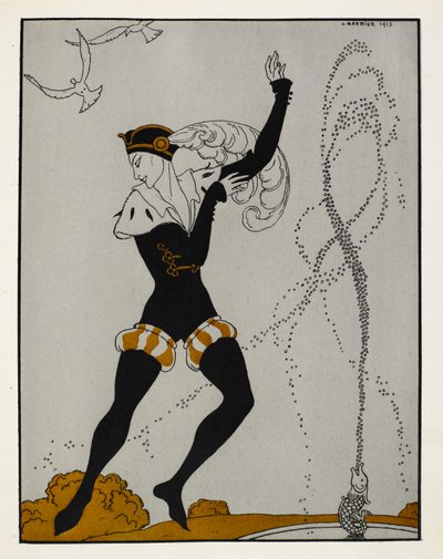 「ル・パヴィヨン・ダルミド」。 1909 年にニコライ チェレプニンによって作曲されたル パビリオン ダルミド バレエのシーン。ダンサーは、金の縁取りのある黒い衣装と、大きなプルームが付いたおそろいの帽子をかぶっています。 彼は噴水のそばにいます。 作： Georges Barbier