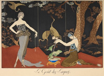 Le gout des laques. 漆の味。 漆塗りのスクリーンの前にいる 2 人の女性。 作： Georges Barbier
