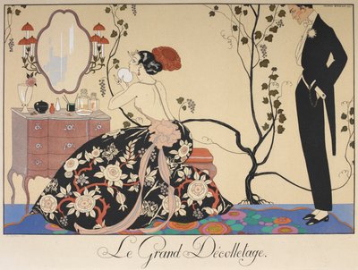 ル グラン デコルテ。 化粧台に座っている女性が、男性に賞賛されています。 作： Georges Barbier