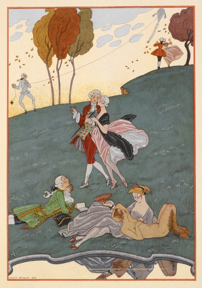 レ・インジェヌス。 男女数名。 凧揚げをする男性。 フォーン。 作： Georges Barbier