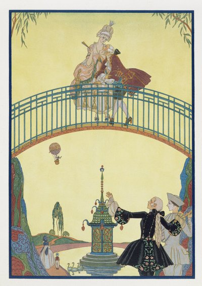 橋の上の愛、ポール・ヴェルレーヌ（1844-96）による「Fetes Galantes」のイラスト、1928年（ポチョワールプリント） 作： Georges Barbier