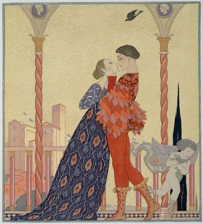 バルコニーの恋人 (紙に水彩) 作： Georges Barbier