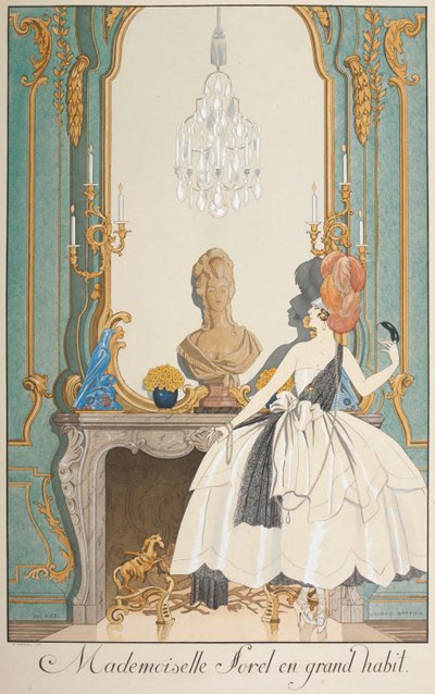 マドモアゼル・ソレルの華麗なクセ。 暖炉の前に立つ女性。 作： Georges Barbier