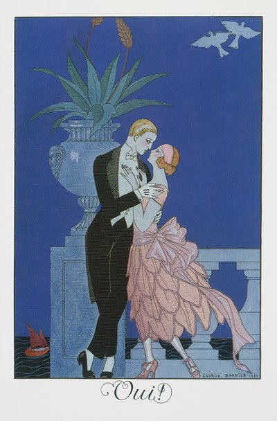 はい、イブニングドレスを着た2人の若い婚約者、George Barbier（1882-1932）によるリトグラフ、Falbalas et Fanfreluches、Almanach des Modes Presentes、Passees et Futuresから 作： Georges Barbier