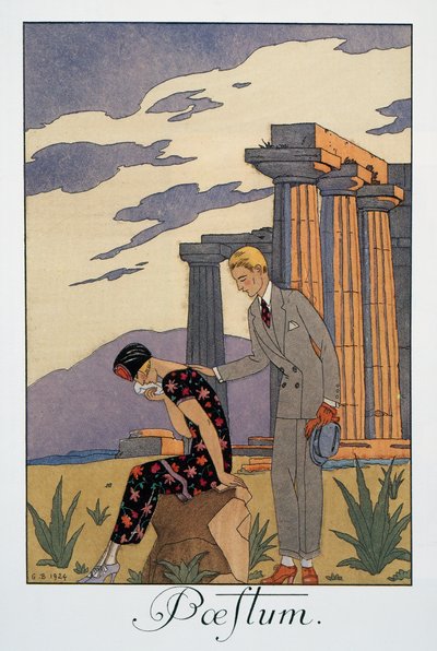 Paestum、George Barbier (1882-1932) によるリトグラフ、Falbalas et Fanfreluches、Almanach des Modes Presentes、Passees et Futures から 作： Georges Barbier