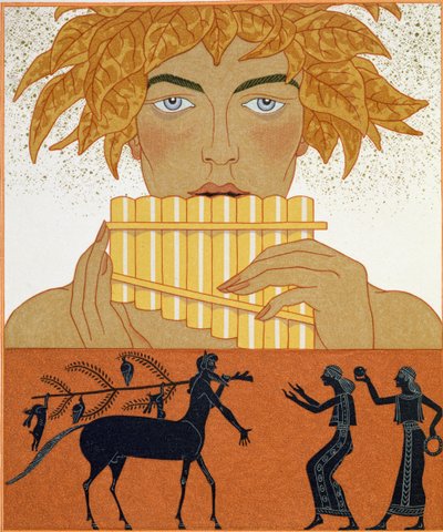 パン・パイパー、1923年に出版されたポール・ヴァレリー（1871-1945）による「Les Mythes」のイラスト（pochoir print） 作： Georges Barbier