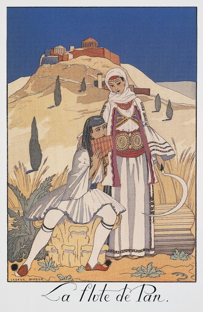 伝統的なギリシャの衣装を描いたパン フルート奏者 作： Georges Barbier