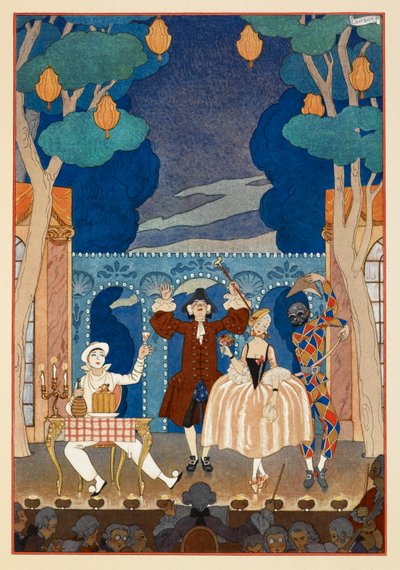 パントマイム。 ピエロとハーレクイン。 男でかわいい女。 すべてが舞台。 作： Georges Barbier