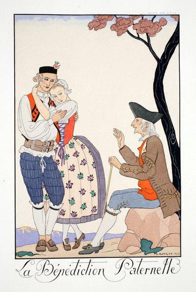 父の祝福、「ファルバラとファンフルーシェ、現在、過去、未来のモードの年鑑」より 作： Georges Barbier