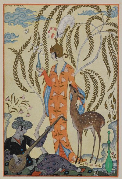 ペルシャ。 子鹿を持つ女性。 ミュージシャン。 作： Georges Barbier