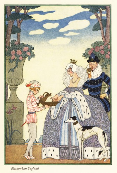 エリザベス女王は、ページボーイが持ったボウルで手を洗います。 1928年（版画） 作： Georges Barbier