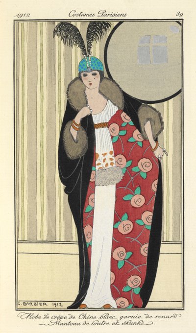 「キツネをあしらった白いクレープ デ シンのドレス。カワウソのコートとスカンク」 作： Georges Barbier