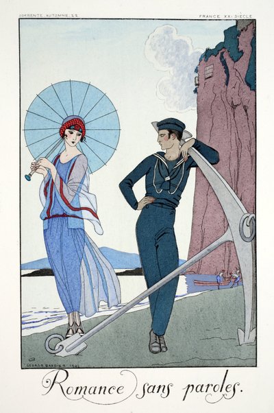 「ファルバラスとファンフルーシェ、現在、過去、未来のモードの年鑑」より、言葉のないロマンス 作： Georges Barbier
