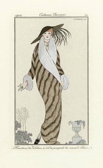 ホワイトフォックストリム付きセーブルコート、コスチュームパリジャン、pub.1912（ポチョワールプリント）から 作： Georges Barbier