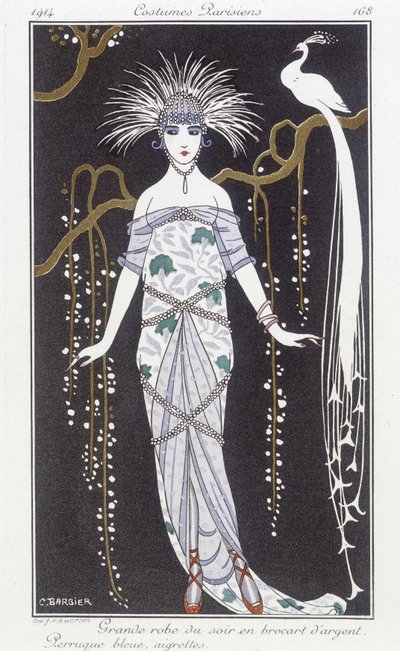 シルバー ブロケードのイブニング ドレスとウィッグ - イラストは George Barbier (1882-1932)。 in “” Journal des dames et des modes: Costumes Parisiens”” 作： Georges Barbier
