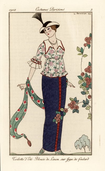 花柄のリネンブラウスとスカーフスカートの夏コーデ。 夏のトイレ、スカーフスカートの上に芝生のブラウス。 Tommaso Antongini の Journal des Dames et des Modes、Aux Burea の George Barbier によるイラストを手彩色した pochoir (ステンシル) エッチング 作： Georges Barbier