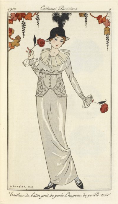 「パールグレーのサテンスーツに黒の麦わら帽子」 作： Georges Barbier