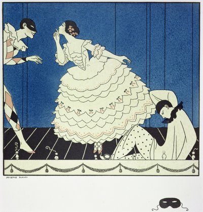 タマラ・カルサヴィナ (1885-1978) はコロンバイン役、ヴァスラフ・ニジンスキー (1890-1950) はハーレクイン役、アドルフ・ボルム (1884-1951) は 1910 年のフォーキンの「カーニバル」のピエロ役。 1914年（ポチョワールプリント） 作： Georges Barbier