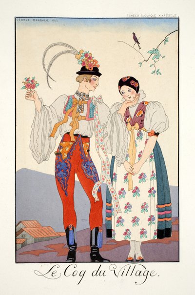 「ファルバラとファンフルーシェ、現在、過去、未来のモードの年鑑」より散歩の雄鶏 作： Georges Barbier