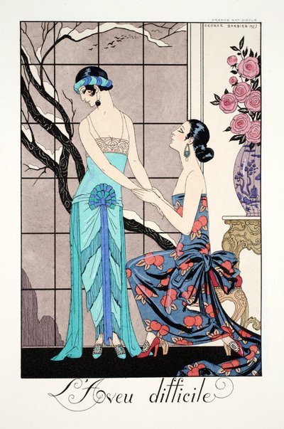 「ファルバラスとファンフルーシェ、現在、過去、未来のモードの年鑑」より、困難な入場 作： Georges Barbier