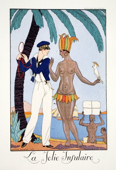 「ファルバラとファンフルーシェ、現在、過去、未来のモードの年鑑」より、プリティ・アイランダー 作： Georges Barbier