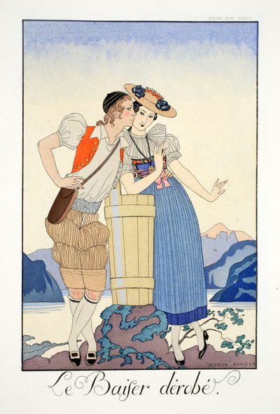 「ファルバラとファンフルーシェ、現在、過去、未来の様式の年鑑」より盗まれた接吻 作： Georges Barbier