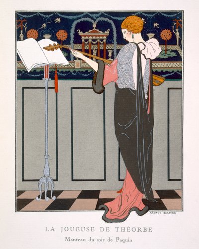 Theorbo Player、Paquin のイブニング コートのデザイン 作： Georges Barbier